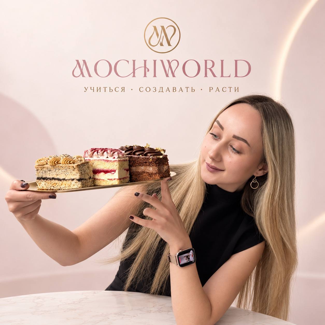 Наталья Савенко с тремя пирожными на фоне MOCHIWORLD